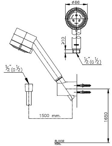 Bản vẽ kích thước tay sen X57 HM Cotto 1 chức năng