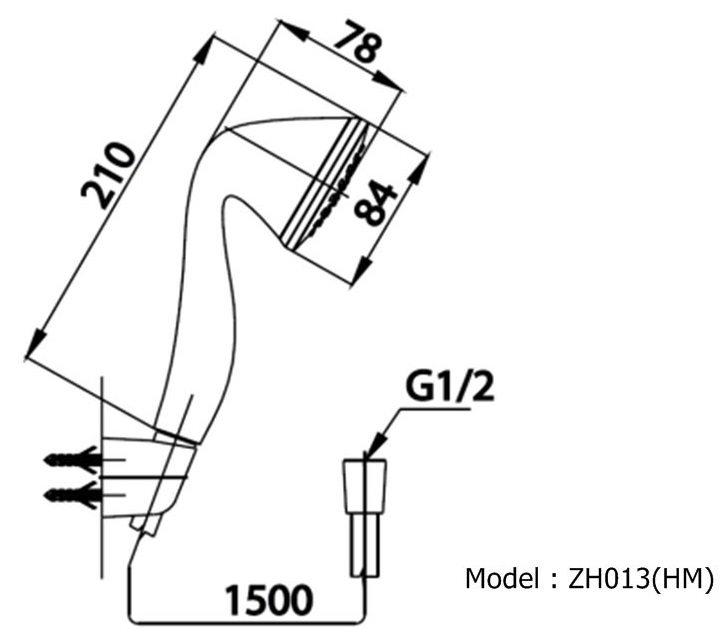 Bản vẽ kích thước tay sen COTTO ZH 013 WH 