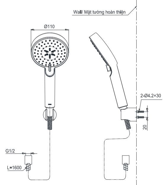 Bản vẽ kích thước bộ tay sen Toto TBW07009A