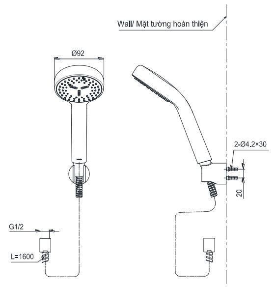 Bản vẽ kích thước bộ tay sen Toto TBW07011A