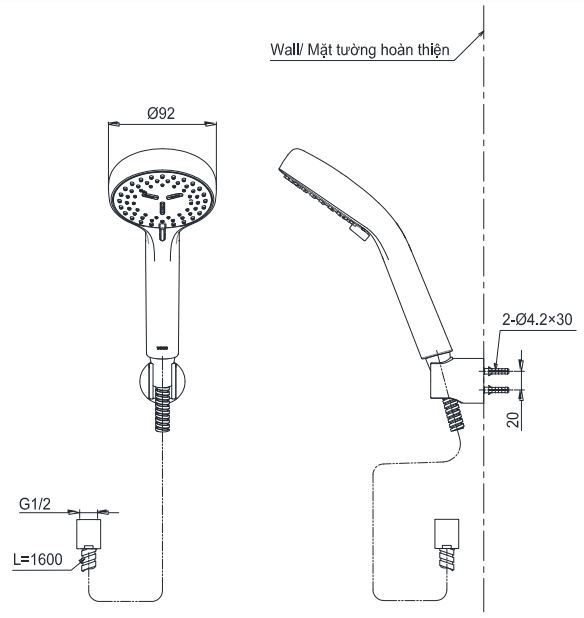 Bản vẽ kích thước bộ tay sen Toto TBW07012A 