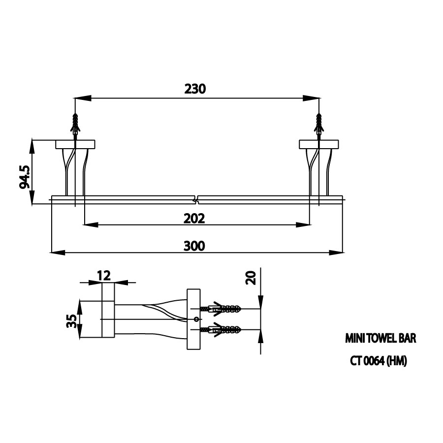 Bản vẽ kích thước thanh treo khăn Cotto CT0064 GR HM