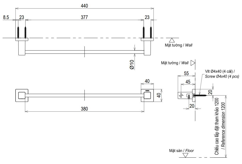 Bản vẽ thanh vắt khăn TOTO YT408S4RV