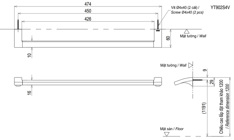 Bản vẽ thanh vắt khăn TOTO YT903S4V
