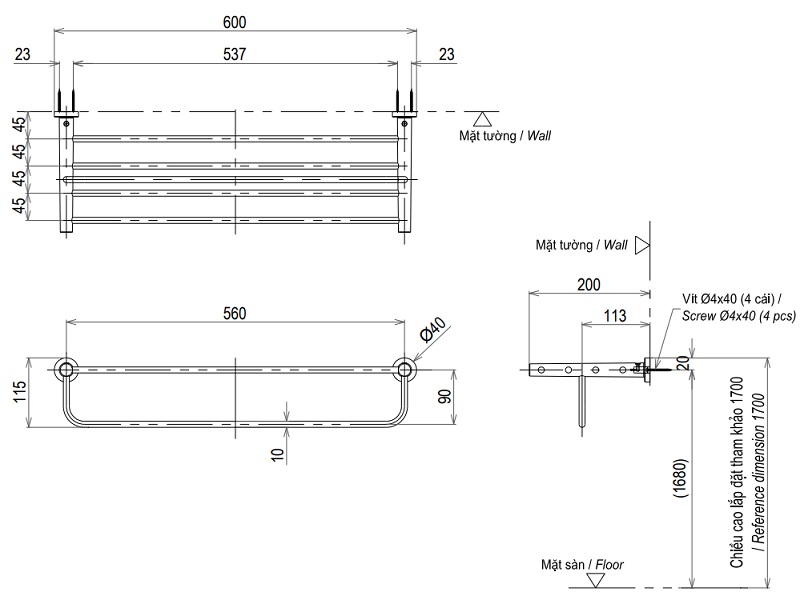 Bản vẽ kệ khăn 2 tầng TOTO YTS406