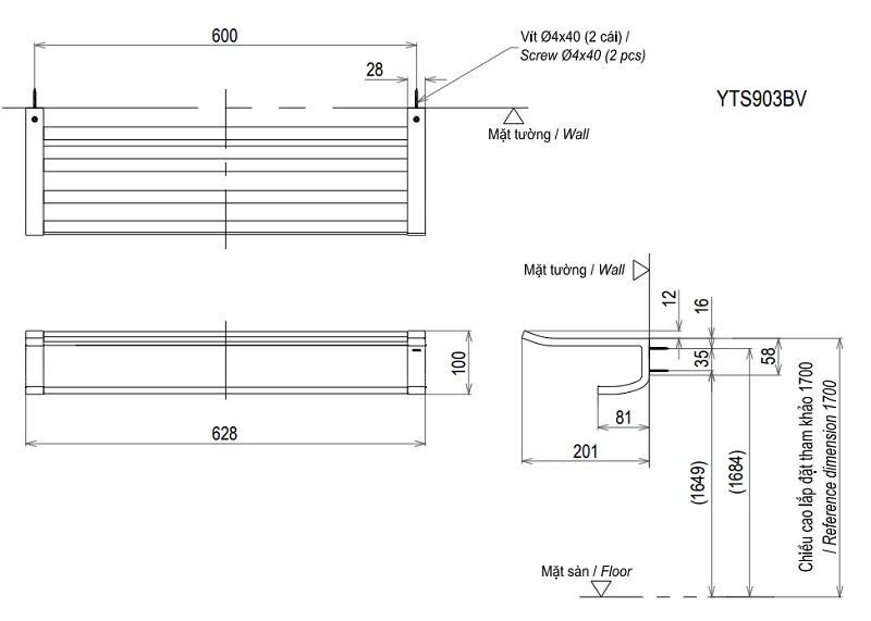 Bản vẽ kệ khăn 2 tầng TOTO YTS903BV