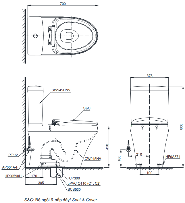 Bản vẽ kỹ thuật xí bệt TOTO C945DNT8