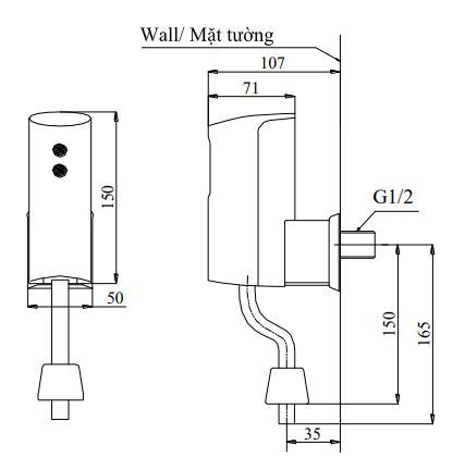 Bản vẽ kích thước van xả tiểu Toto DUE110 PSK