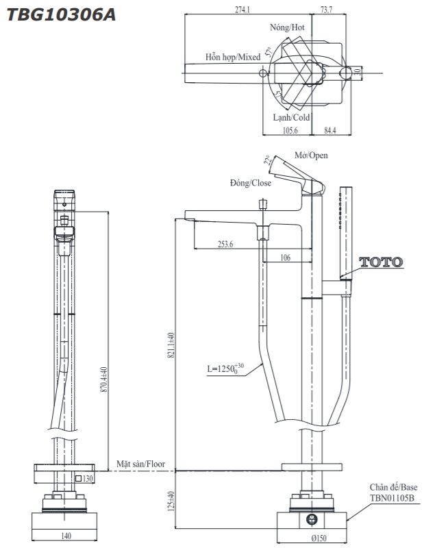 Bản vẽ vòi xả bồn tắm lập thể Toto TBG10306 A TBN01105 B