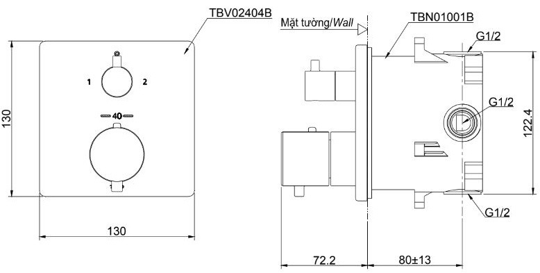 Bản vẽ kích thước van âm tường Toto TBV02404B