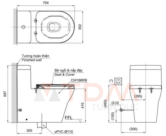 Bản vẽ kích thước bồn cầu TOTO điện tử CW166 nắp TCF4732 A