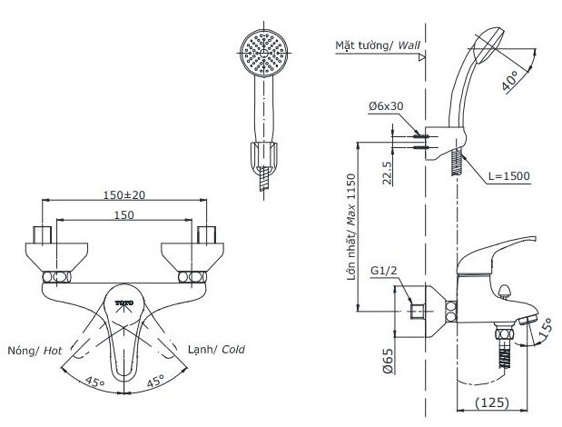 Bản vẽ kích thước vòi sen tắm Toto DGM301CFNS