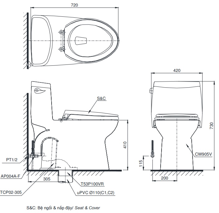 Bản vẽ kỹ thuật xí bệt TOTO MS905t8