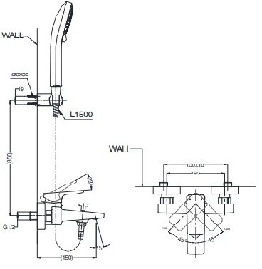 Bản vẽ kích thước vòi hoa sen Toto TVSM110RUR+DGH108ZR