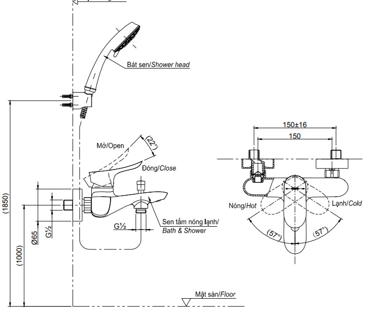 Bản vẽ kỹ thuật vòi sen TOTO TBG01302V DGH104ZR