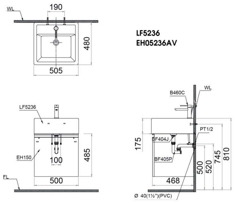 Bản vẽ kỹ thuật chậu rửa mặt LF5236 EH150V treo tường