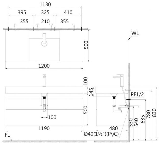 Bản vẽ bộ tử lavabo LF5388-EH05388DW treo tường Caesar