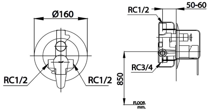 Bản vẽ kích thước van âm tường CT3005 AEV Cotto