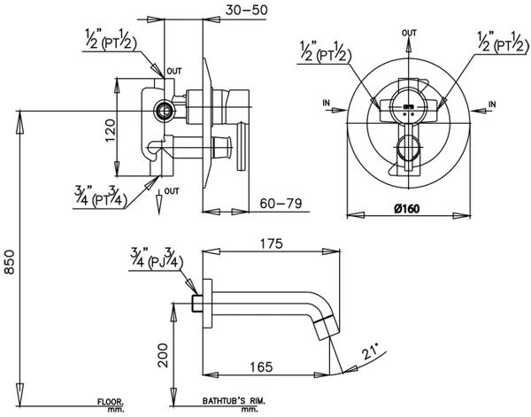 Bản vẽ kích thước van âm tường CT593AV Cotto