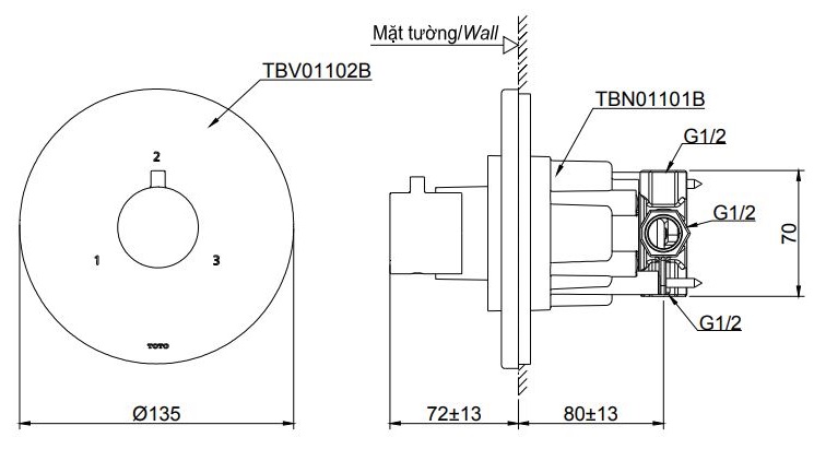 Bản vẽ van chuyển hướng TBV01102B/TBN01102B TOTO 3 đường nước