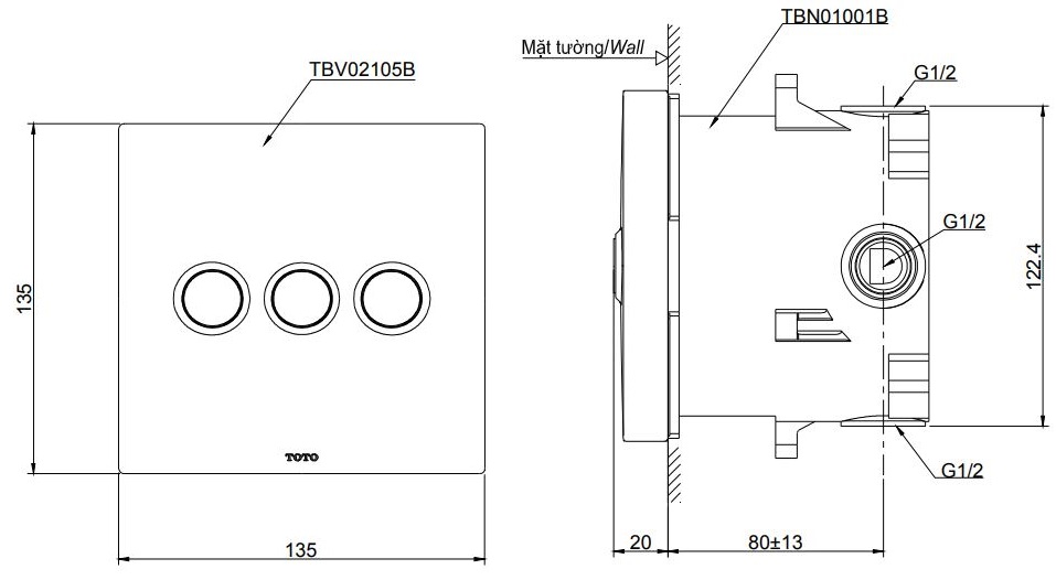 Bản vẽ van 3 đường nước Toto TBV02105B-TBN01001B