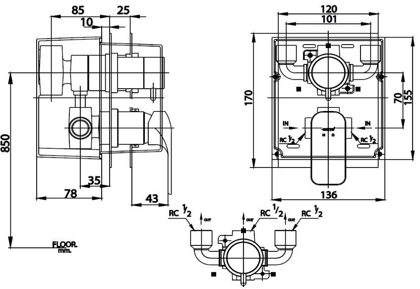 Bản vẽ van điều chỉnh CT2244A âm tường Cotto nóng lạnh 