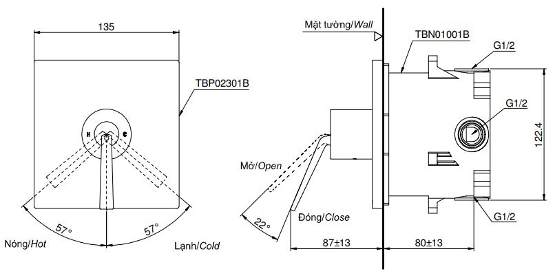 Bản vẽ van điều chỉnh nóng lạnh TBP02301B/TBN01001B TOTO 