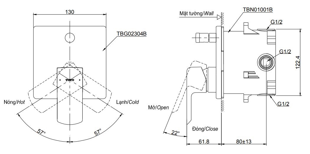 Bản vẽ van điều chỉnh nóng lạnh TBG02304B/TBN01001B TOTO 