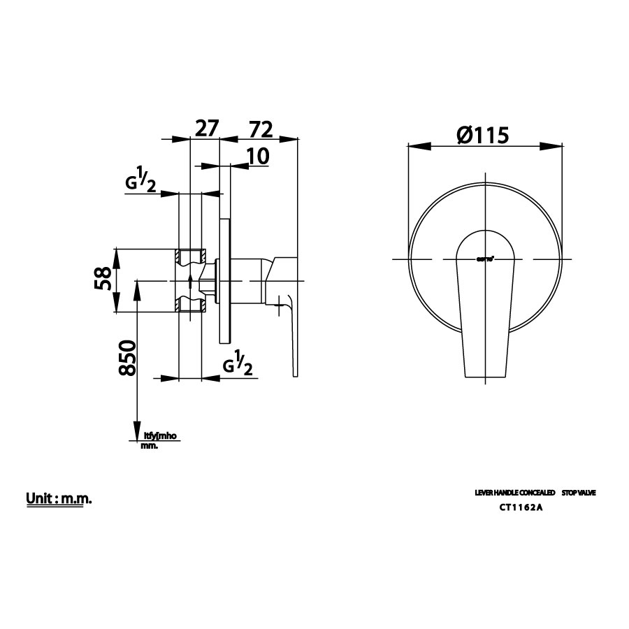 Bản vẽ van điều chỉnh âm tường CT 1162A Cotto nóng lạnh 