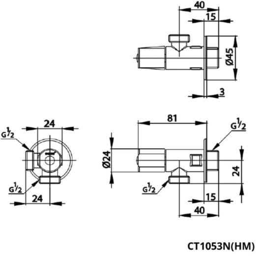 Bản vẽ kích thước van khóa CT1053N Cotto 2 đường nước