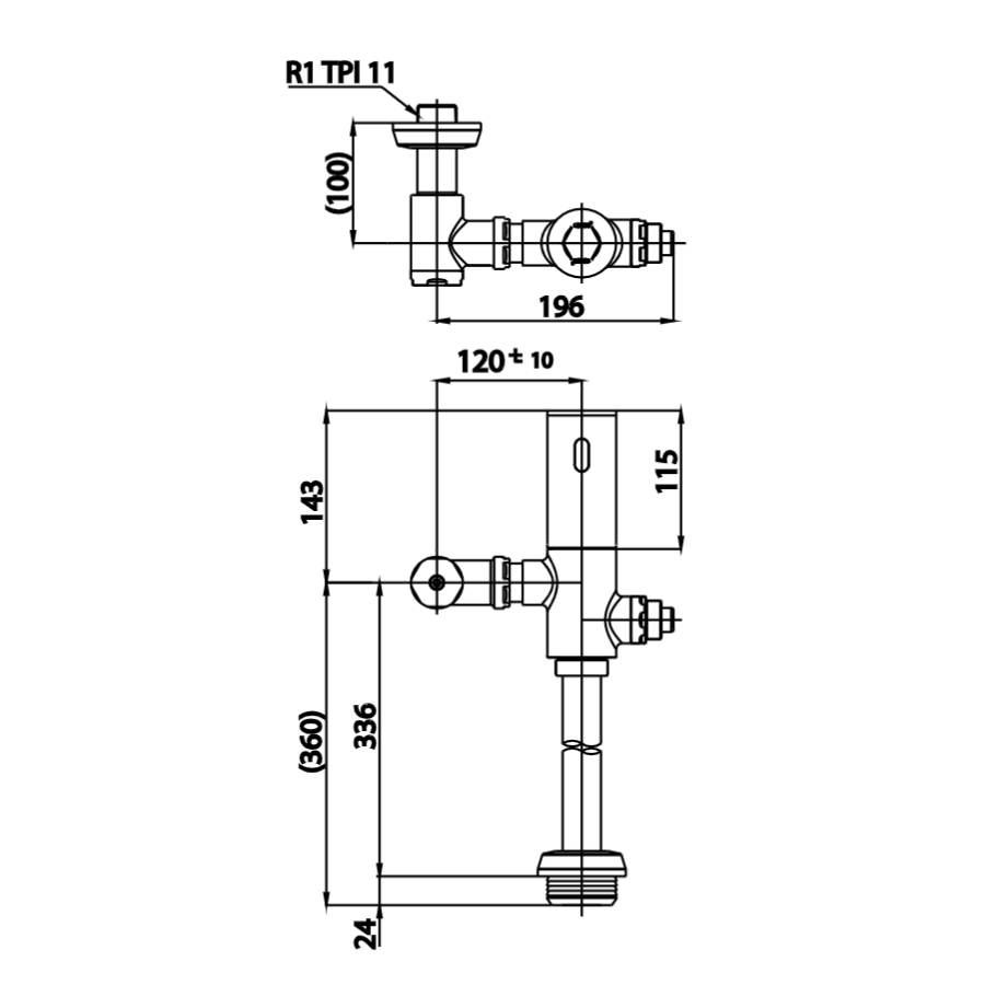  kích thước van xả bồn cầu tự động dùng pin CT 4806 ACNS 