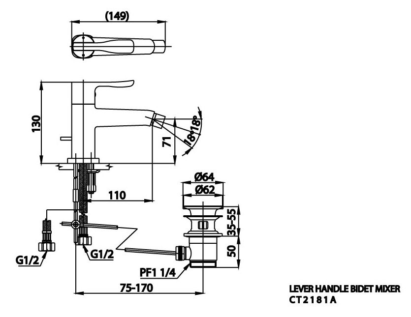 Bản vẽ kích thước van xả bồn tiểu nữ CT 2181A cotto