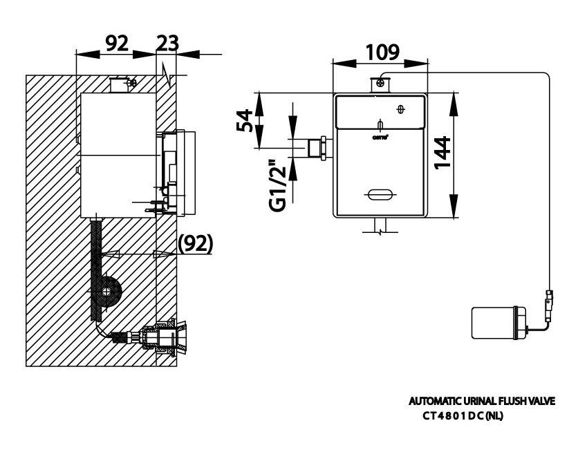 kích thước van xả tiểu cảm ứng CT 4801 DC (NL) âm tường