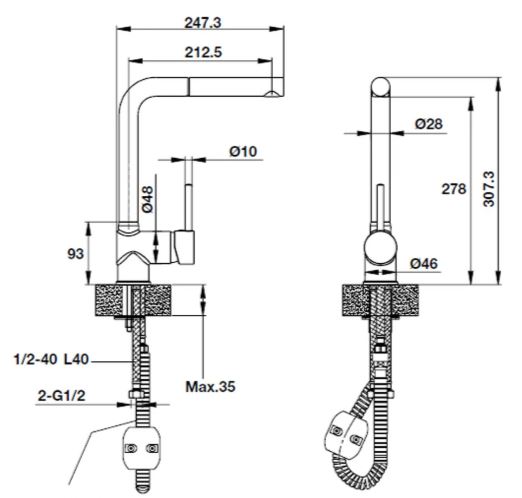 Bản vẽ kích thước vòi chậu Hafele HT19 GH1P278 570.51.380