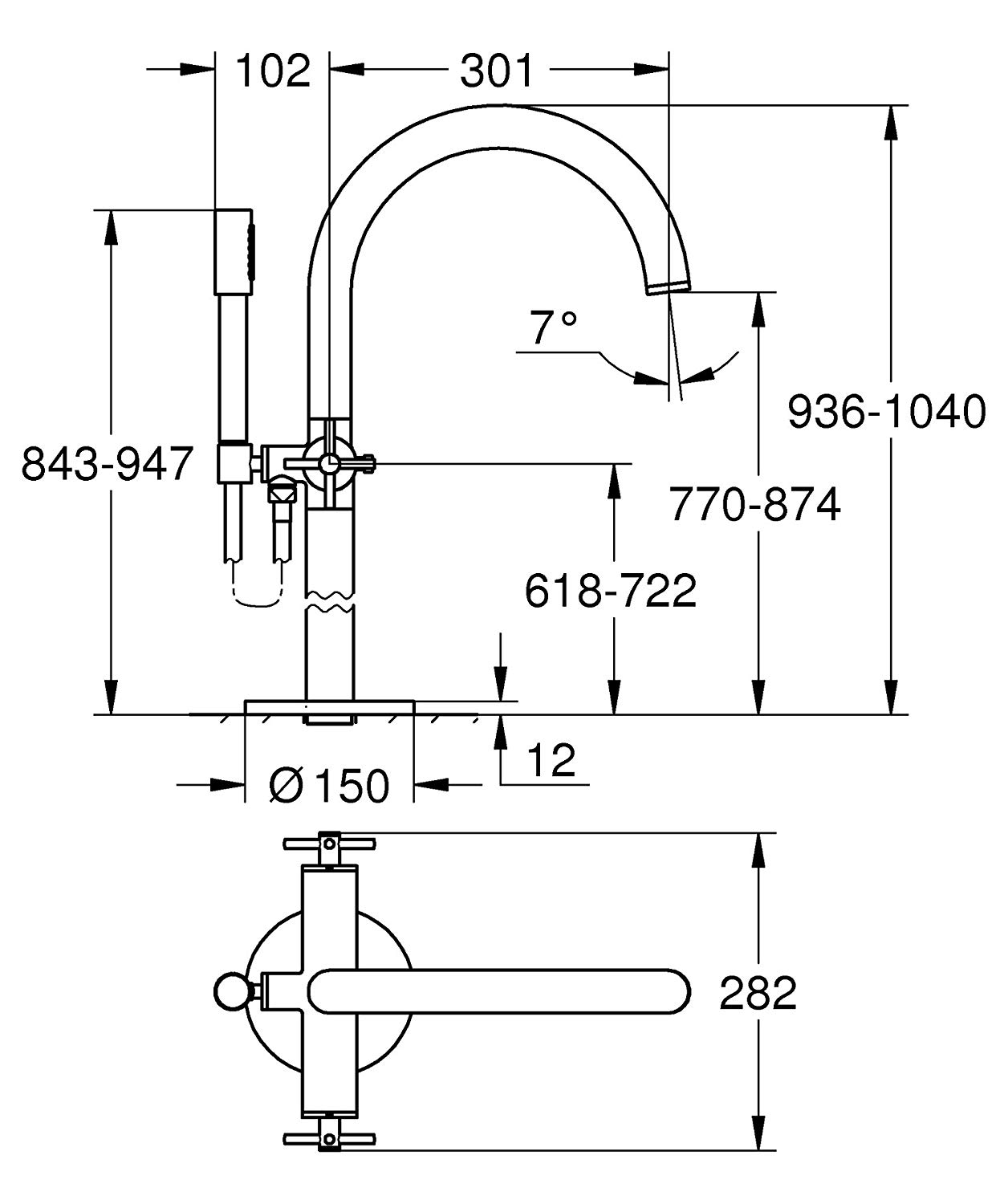 Bản vẽ vòi xả bồn tắm Grohe 25044003 đặt sàn