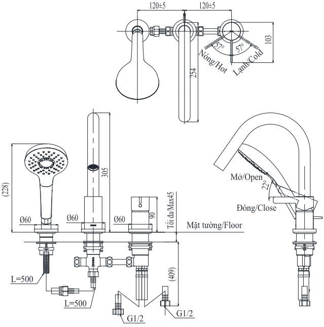 Bản vẽ vòi gắn thành bồn tắm TOTO TBG11305A