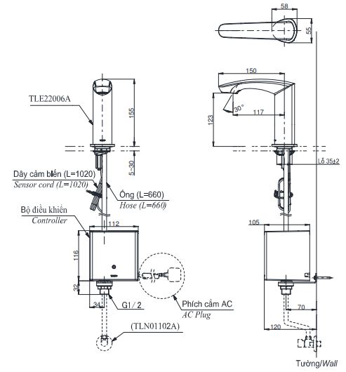 Bản vẽ vòi tự động TOTO TLE22006A 