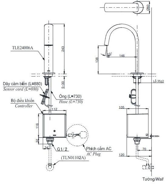 Bản vẽ vòi tự động TOTO TLE24006A