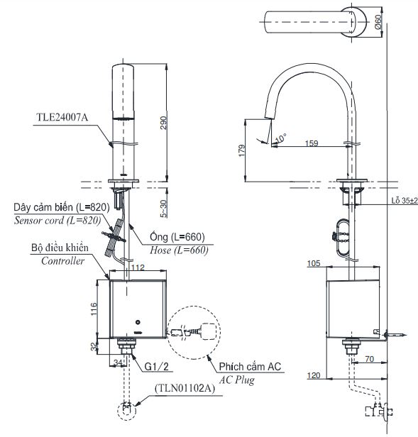 Bản vẽ vòi tự động TOTO TLE24007A 