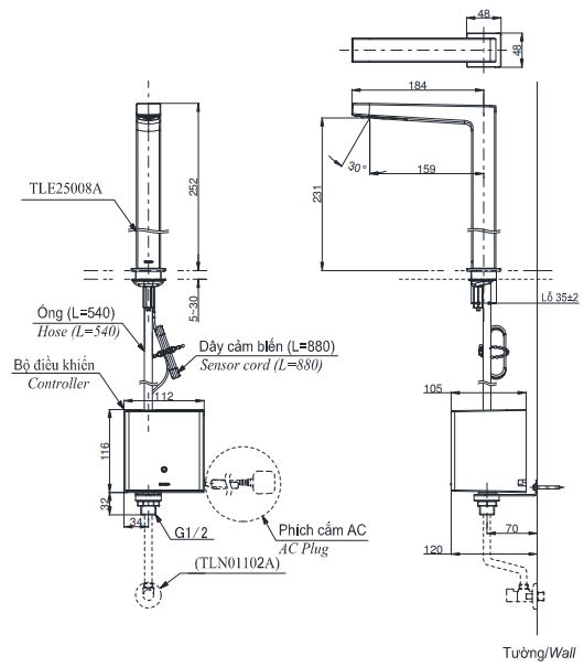 Bản vẽ vòi tự động TOTO TLE25008A