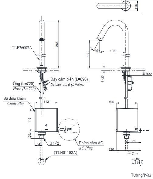 Bản vẽ vòi tự động TOTO TLE26007A 