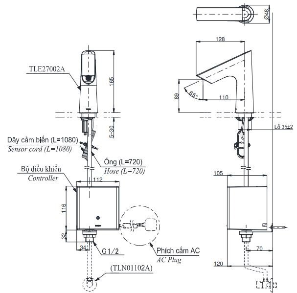 Bản vẽ kích thước vòi TOTO TLE27002A-TLE04502A1-TLN01102A