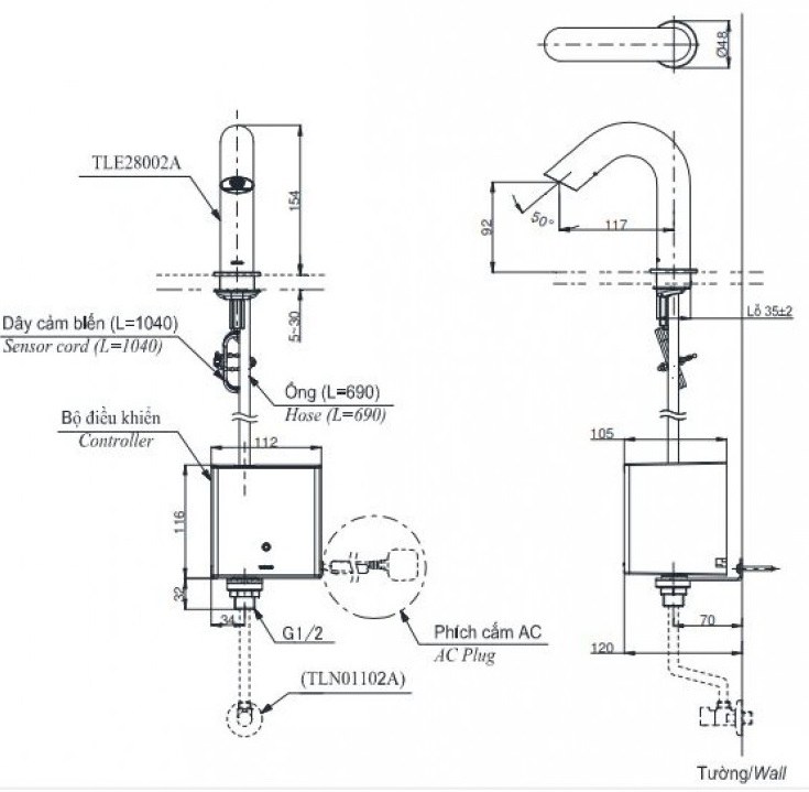 Bản vẽ kích thước vòi TOTO TLE28002A-TLE04502A1-TLN01102A