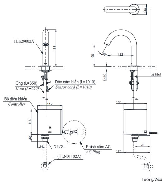 Bản vẽ vòi tự động TOTO TLE29002A 