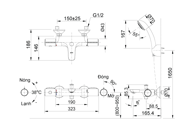 Bản vẽ kỹ thuật vòi sen INAX BFV-3413T-8C nhiệt độ