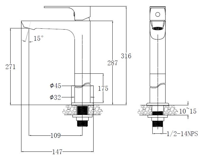 Bản vẽ vòi lavabo Caesar B061CU thân cao