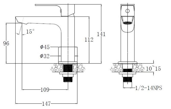 Bản vẽ kích thước vòi chậu rửa mặt Caesar B060 CU lạnh