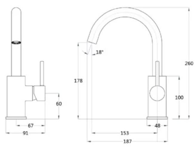 Bản vẽ kích thước vòi chậu nóng lạnh Caesar B530 CU