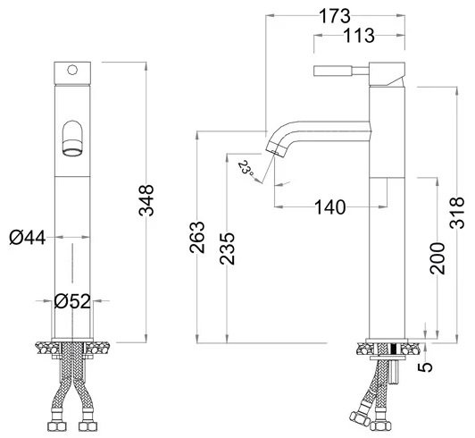 Bản vẽ kích thước vòi chậu lavabo caesar nóng lạnh BT225C