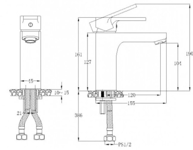 Bản vẽ kích thước vòi chậu lavabo caesar nóng lạnh BT570C